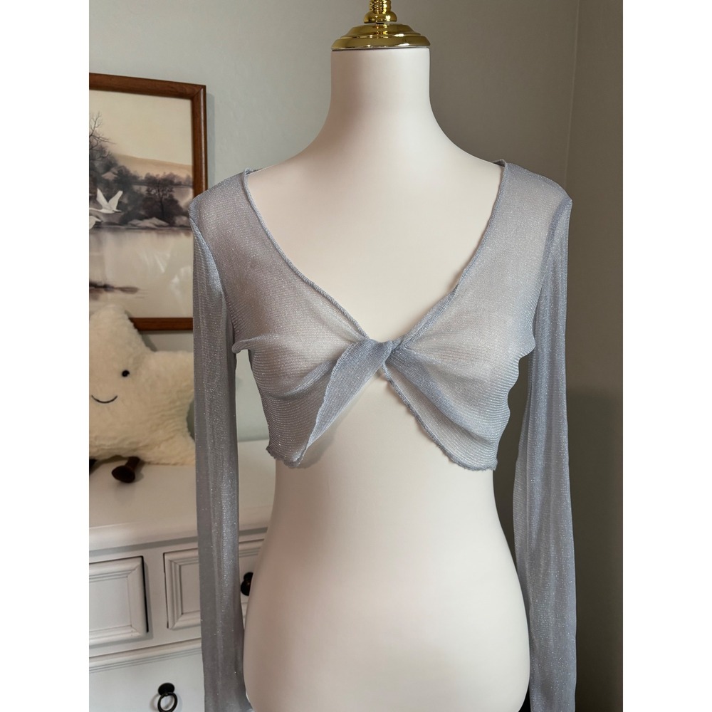 y2k Silver Sheer Metallic Shrug goingout Mesh Cropped Bolero Long Sleeve Sparkly